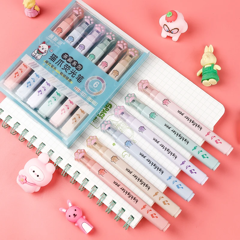 Pastel Highlighter Set Double Ended - 6 sztuk/paczka Kawaii Cat Claw pastelowe